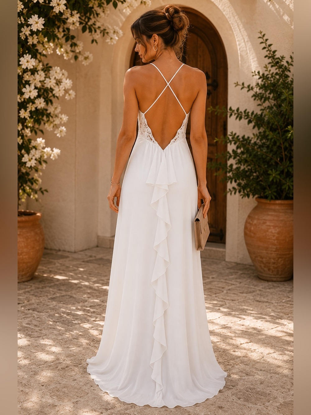 NWT Sequin Hearts White Lace Ruffle Halter Open Back Evening Gown
